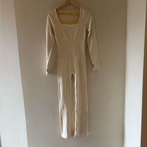 Cream Long-Sleeve Ribbed Jumpsuit